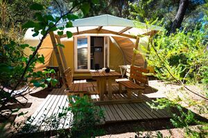 Pre-pitched, fitted camping tent front view