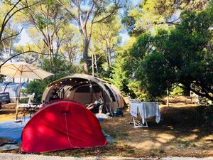 Pitch at our tree-filled campsite on the Côte d'Azur